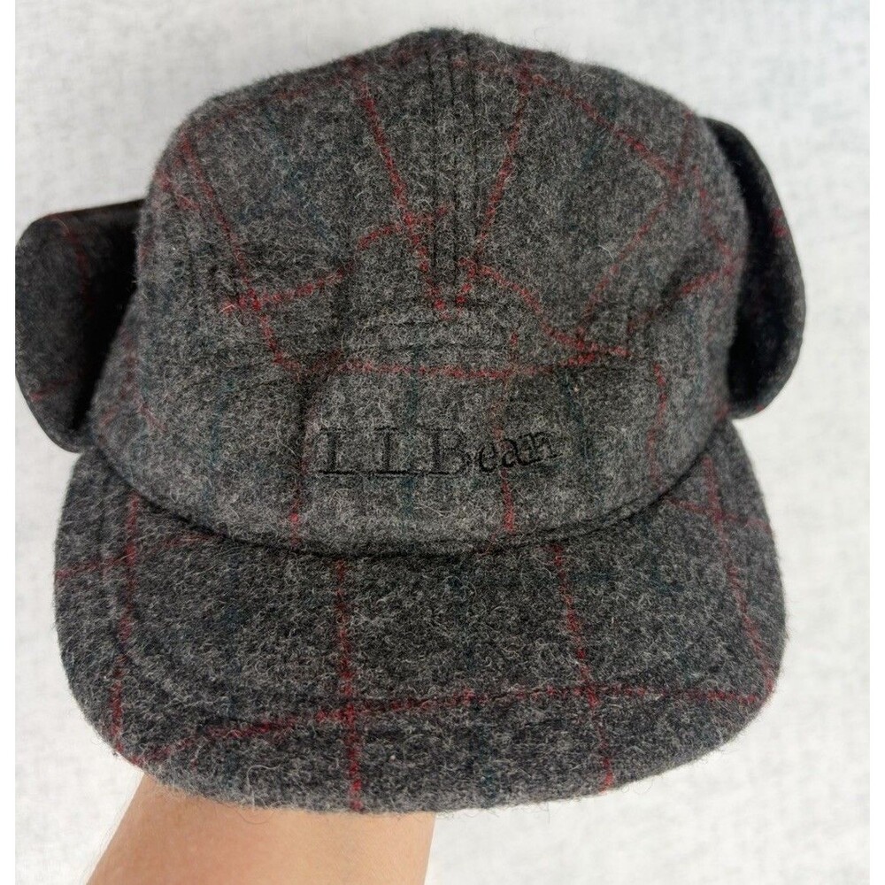 LL Bean Maine Guide Wool Cap Adults S PrimaLoft Plaid Ear Flaps Gray Red